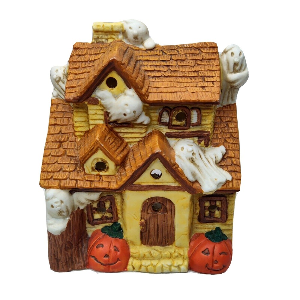 Vtg Halloween Ceramic House Lloyd Haunted House Ghost Votive Candle Holder Light